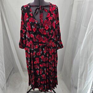 718-5 Torrid Midi Stretch Challis Tie Neck Dress Rose Black Floral Size 2 18/20
